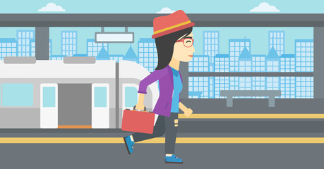 Canvas Print - Woman at the train station vector illustration.