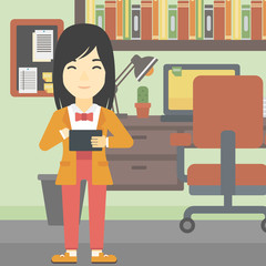 Sticker - Woman using tablet computer vector illustration.