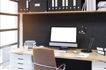 Poster - Office desk with lamp and computer.