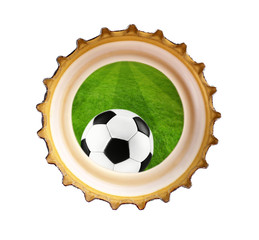 Beer bottle cap with football ball symbol, isolated on white