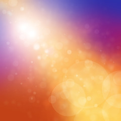 Wall Mural - blurred white bokeh lights on colorful gold stream of light in blue purple pink and orange background sunrise or sunset in the sky concept