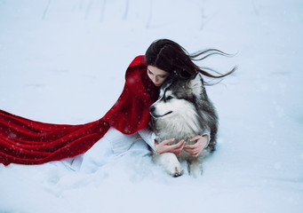 Red Riding Hood lost in the mystical snow-covered forest and met a wolf,fantastic shooting,fashionable toning, creative computer colors