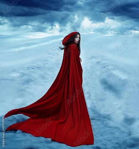 Little Red Riding Hood is going away on a snowy road and clouds Plakát
