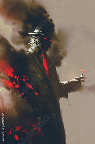 Fotografering Mysterious man with hat holding a cigarette,illustration,digital painting