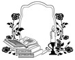 Contour frame with roses, books and candlestick. Vector clip art. 