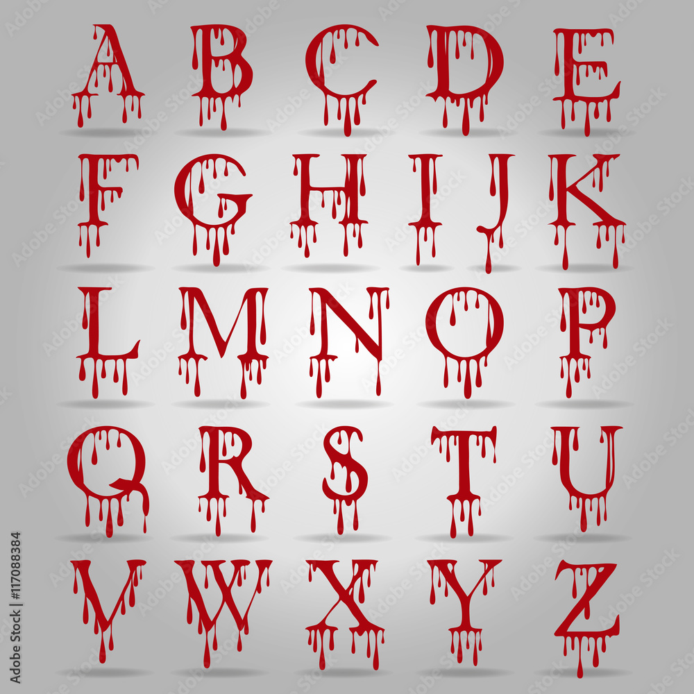 Vetor Bloody alphabet. Set of letters in halloween cartoon style