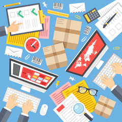 Poster - Post office clerks at work. Top view. Delivery service workspace concept. Flat design graphic elements set. Vector illustration