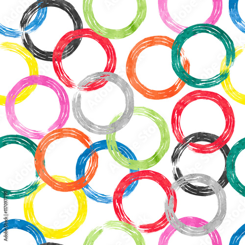 Colorful watercolor rings seamless pattern. Vector background with rainbow ci...