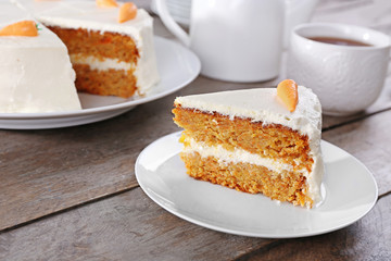 Sticker - Delicious carrot cake on wooden table