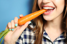Beautiful Girl Eat Carrot, Closeup