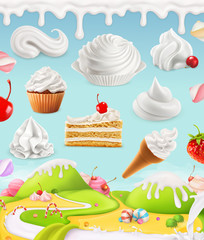 Wall Mural - Whipped cream, milk, cream, ice cream, cake, cupcake, candy, mesh illustration