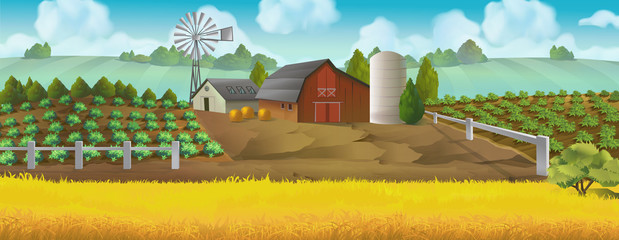 Wall Mural - Farm. Panorama landscape, Vector background