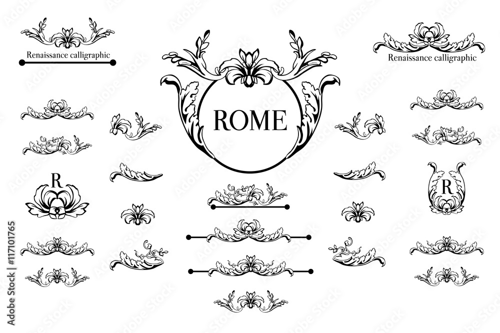 Vector set of calligraphic design elements, page decor, dividers and ornate headpieces. - obrazy, fototapety, plakaty 