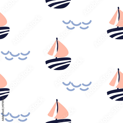 Plakat na zamówienie Sailboat seamless kid vector pattern in scandinavian style.
