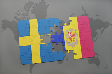 puzzle with the national flag of sweden and andorra on a world map background.