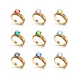 Set of Gold Engagement Rings with Colored Red Pink Blue Turquoise Green Black and White Shiny Clear Diamonds Isolated