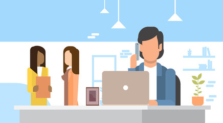 Poster - business man using laptop speak cell smart phone office