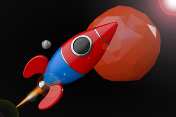 Poster - Cartoon Rocket near Red Planet. 3d Rendering