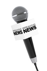 Poster - Microphone with Breaking News Box Sign. 3d Rendering