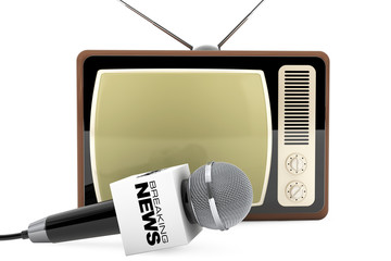 Poster - Microphone with Breaking News Box Sign and Retro Old TV. 3d Rend