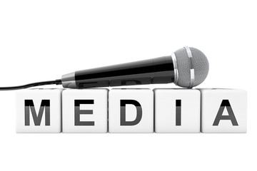 Poster - Microphone over Media Cube Sign. 3d Rendering