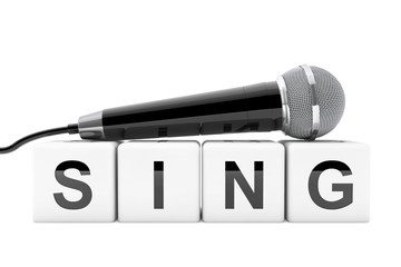 Poster - Microphone over Sing Cube Sign. 3d Rendering