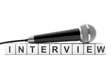 Poster - Microphone over Interview Cube Sign. 3d Rendering