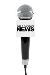Poster - Microphone with Breaking News Box Sign. 3d Rendering