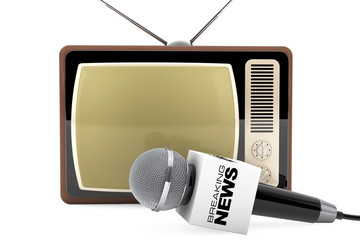 Poster - Microphone with Breaking News Box Sign and Retro Old TV. 3d Rend
