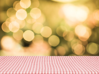 Wall Mural - Empty red tablecloth material wooden, deck, tablecloth with blur background