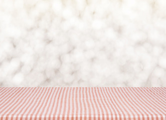 Wall Mural - Empty red tablecloth material wooden, deck, tablecloth with blur background