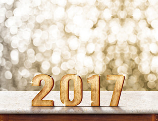 Poster - 2017 year wood texture on marble table top with golden sparkling
