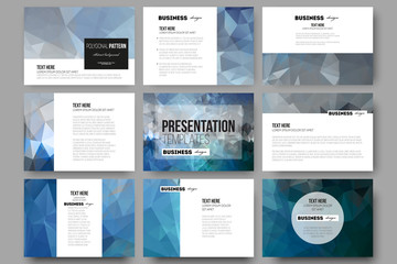 Poster - Set of 9 templates for presentation slides. Abstract blue polygonal background, colorful backdrop, modern stylish vector texture.