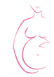 Pregnant woman painted outline , holding belly with baby smiling