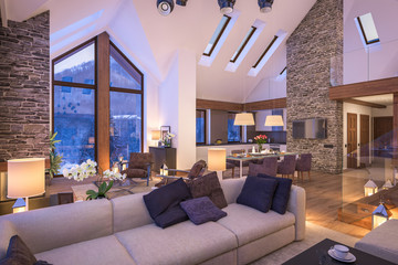 3D rendering of evening living room of chalet