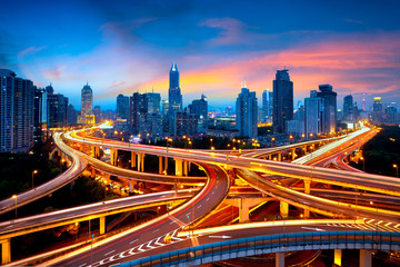 Poster - Shanghai elevated road junction and interchange overpass at night, Shanghai China