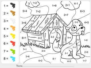 Wall Mural - Paint color by addition and subtraction numbers - Worksheet for education