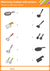 Wall Mural - Match kitchen tools with shadow - Worksheet for education
