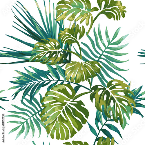 Materiał do szycia Jungle liści na białym tle. Tropikalny zielony Monstera.