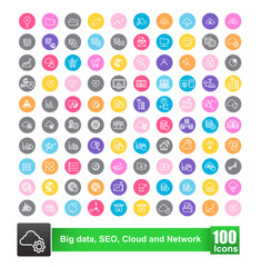 Wall Mural - set of 100 icon with color background big data seo cloud and net