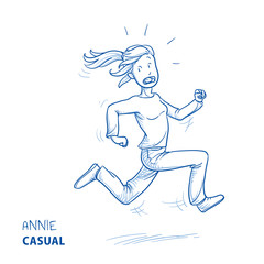 Wall Mural - Young woman in casual clothes running for her life. Hand drawn line art cartoon vector illustration.