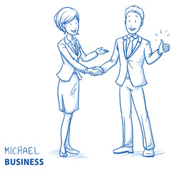 Wall Mural - Happy young man in business clothes showing thumb up and shaking hands with a business woman. Hand drawn line art cartoon vector illustration.