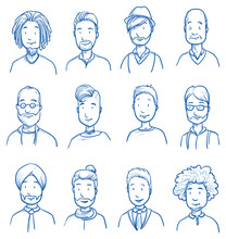 People Collection Men. Set Of Various Happy Men In Business And Casual Clothes, Mixed Age Expressing Positive Emotions. Hand Drawn Line Art Cartoon Vector Illustration.