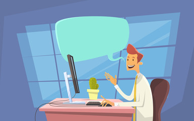 Poster - Business Man Office Workplace Desktop Computer Send Message Internet Texting Chat Communication
