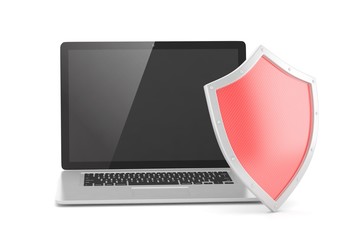 Laptop and shield on white, computer security concept. 3d rendering.