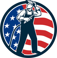 Wall Mural - Welder Standing Visor Up USA Flag Circle Retro