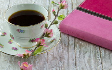 Wall Mural - Woman's Bible with a cup of Coffee or Tea