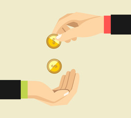 Wall Mural - Hand giving gold coin to another hand flat illustration.