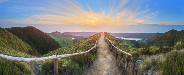 Wall Mural - mountain landscape with hiking trail and view of beautiful lakes, ponta delgada, sao miguel island, 