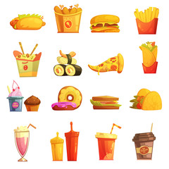 Wall Mural - Fast Food Retro Cartoon Icons Set 